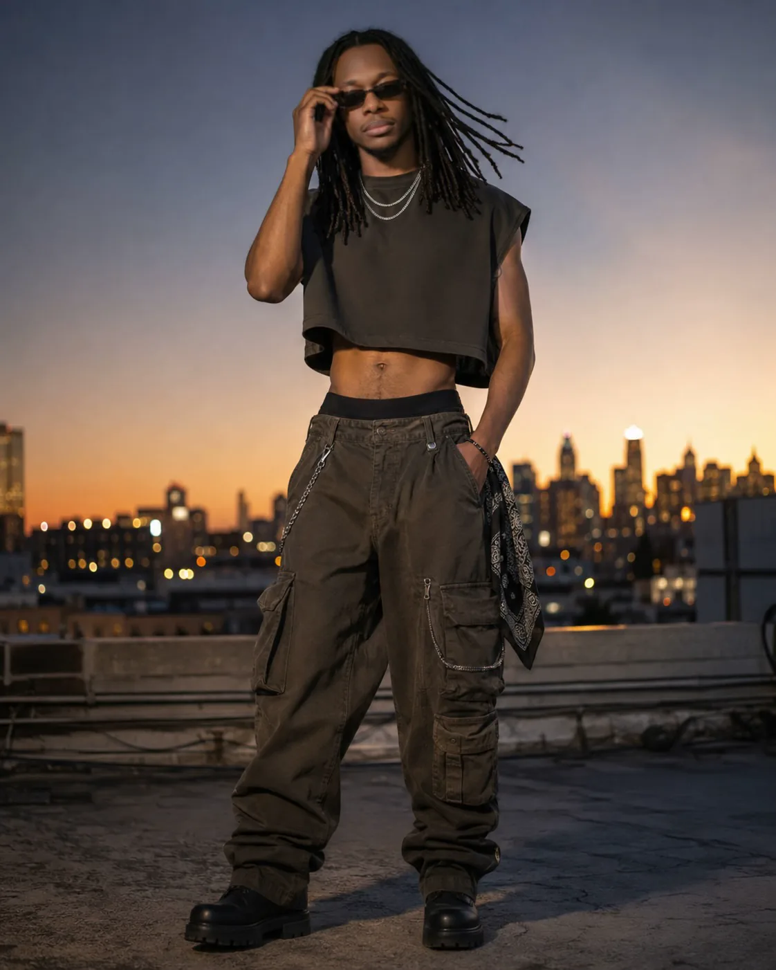 Trey Trizzy on a rooftop at sunset in a dark cropped top and cargo pants.