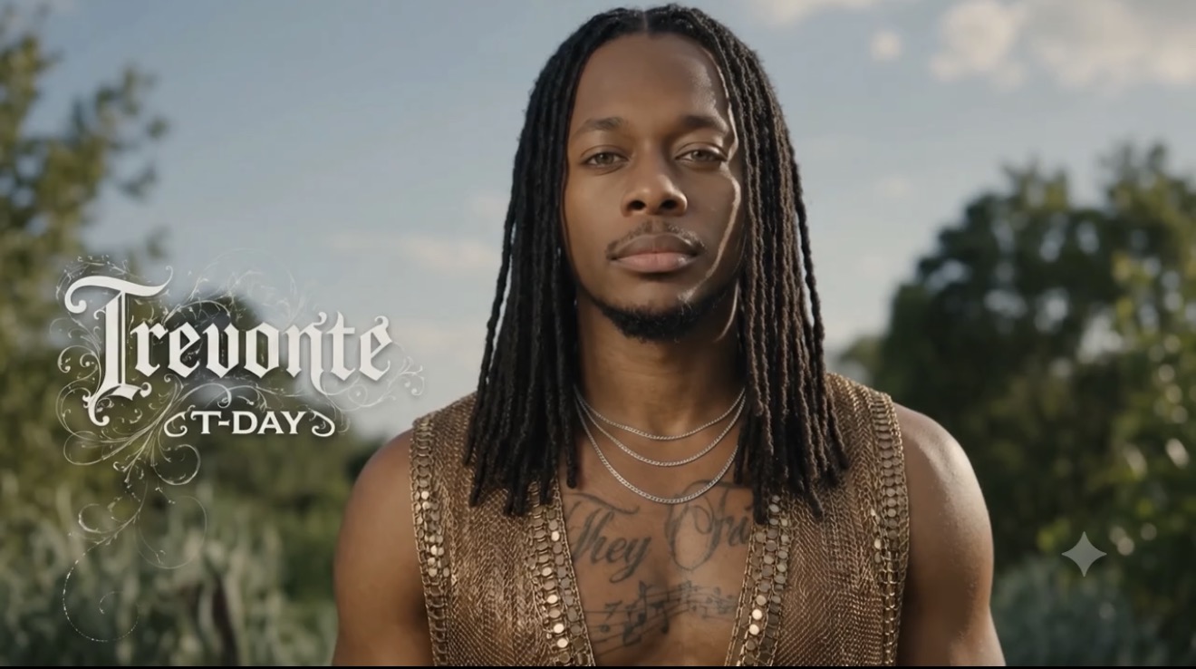 Trey Trizzy in a gold editorial look.