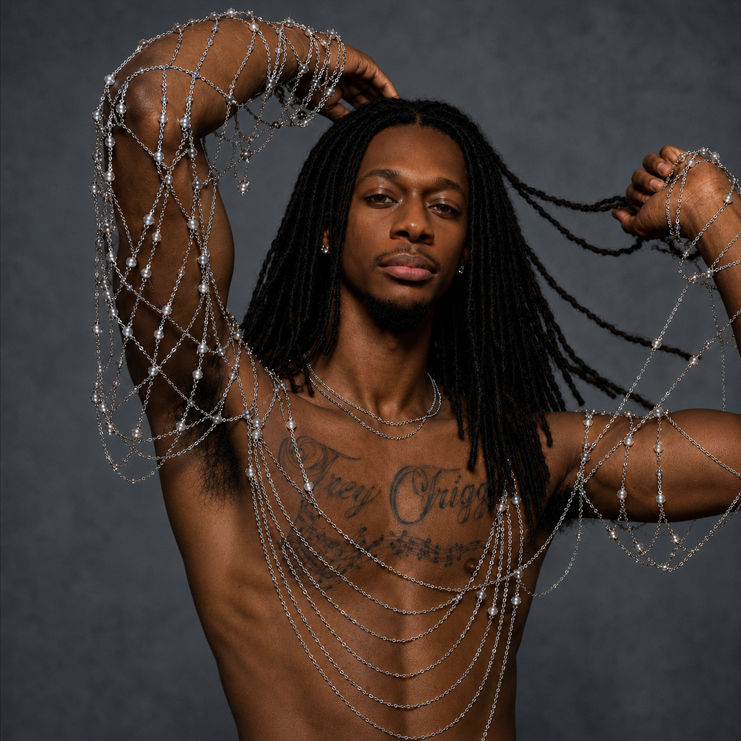 Trey Trizzy wearing layered pearl chains in an editorial portrait.